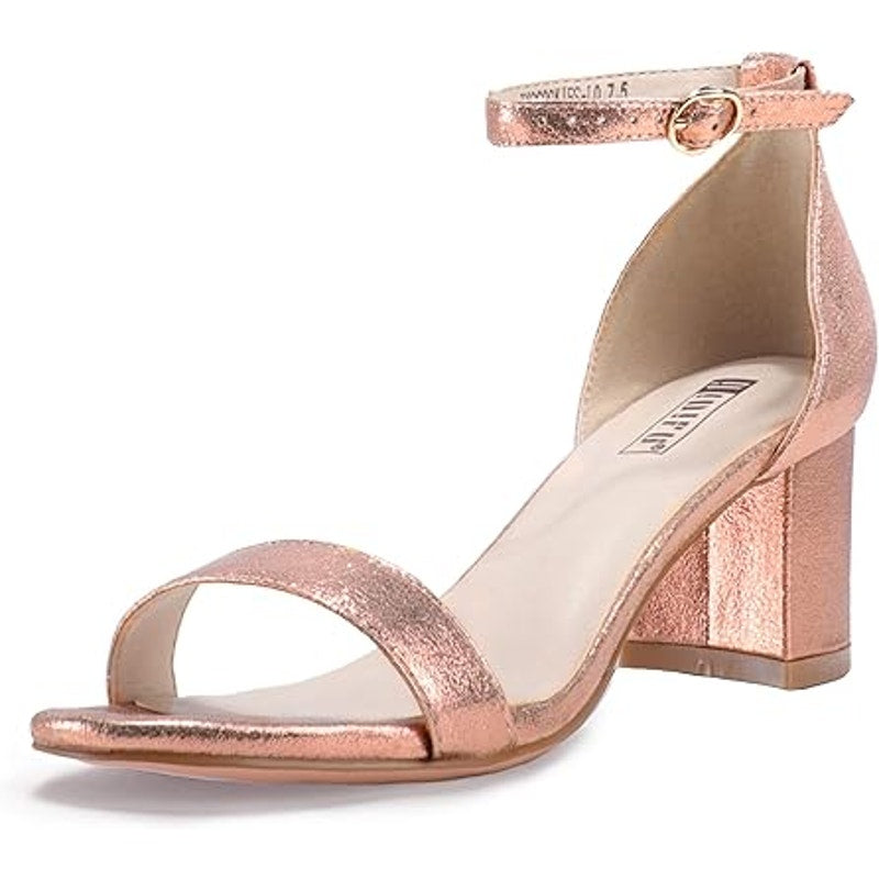 Idifu Womens Size 8.5 Rose Gold Sparkle Open Toe 2" Block Heel Ankle Strap Shoes