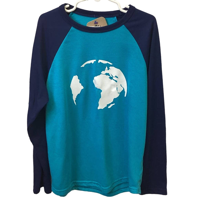Hand Printed Upcycled Youth Medium Earth Globe Long Sleeve Raglan Tee Shirt