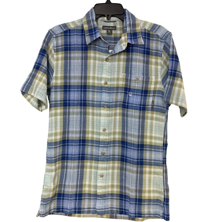 New Eddie Bauer Mens Small Blue Plaid Breezeway Button Casual Short Sleeve Shirt