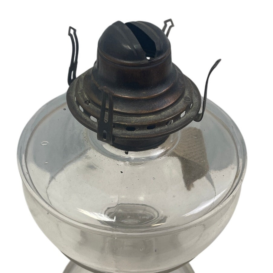 Vintage Two Tiered Steampunk Clear Smooth Glass Oil Lamp w Braided Cloth Wick