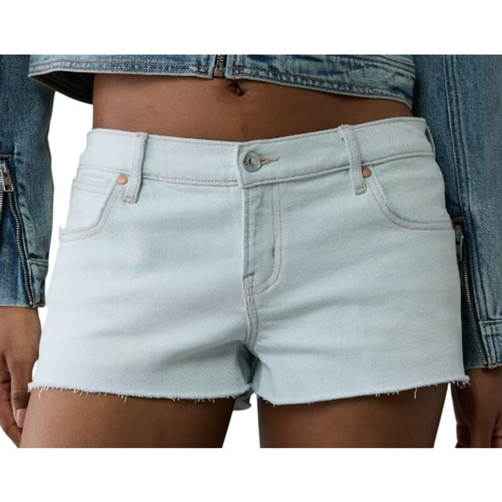 New AEO Women Size 4 Iced Light Indigo Super Low-Rise Denim Perfect Shortie Jort