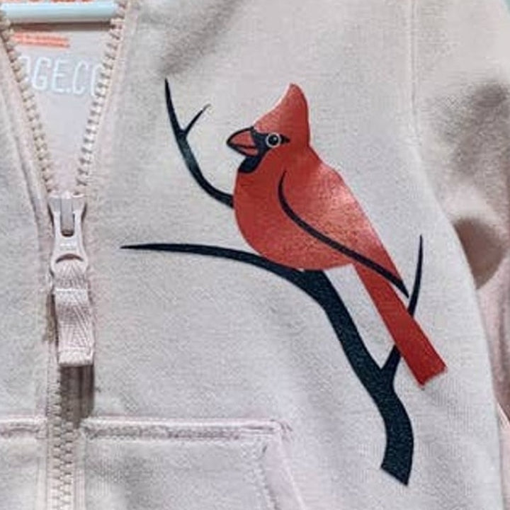 Hand Printed Upcycled 2T Red Cardinal Bird Full Zip Pale Pink Hoodie Jacket