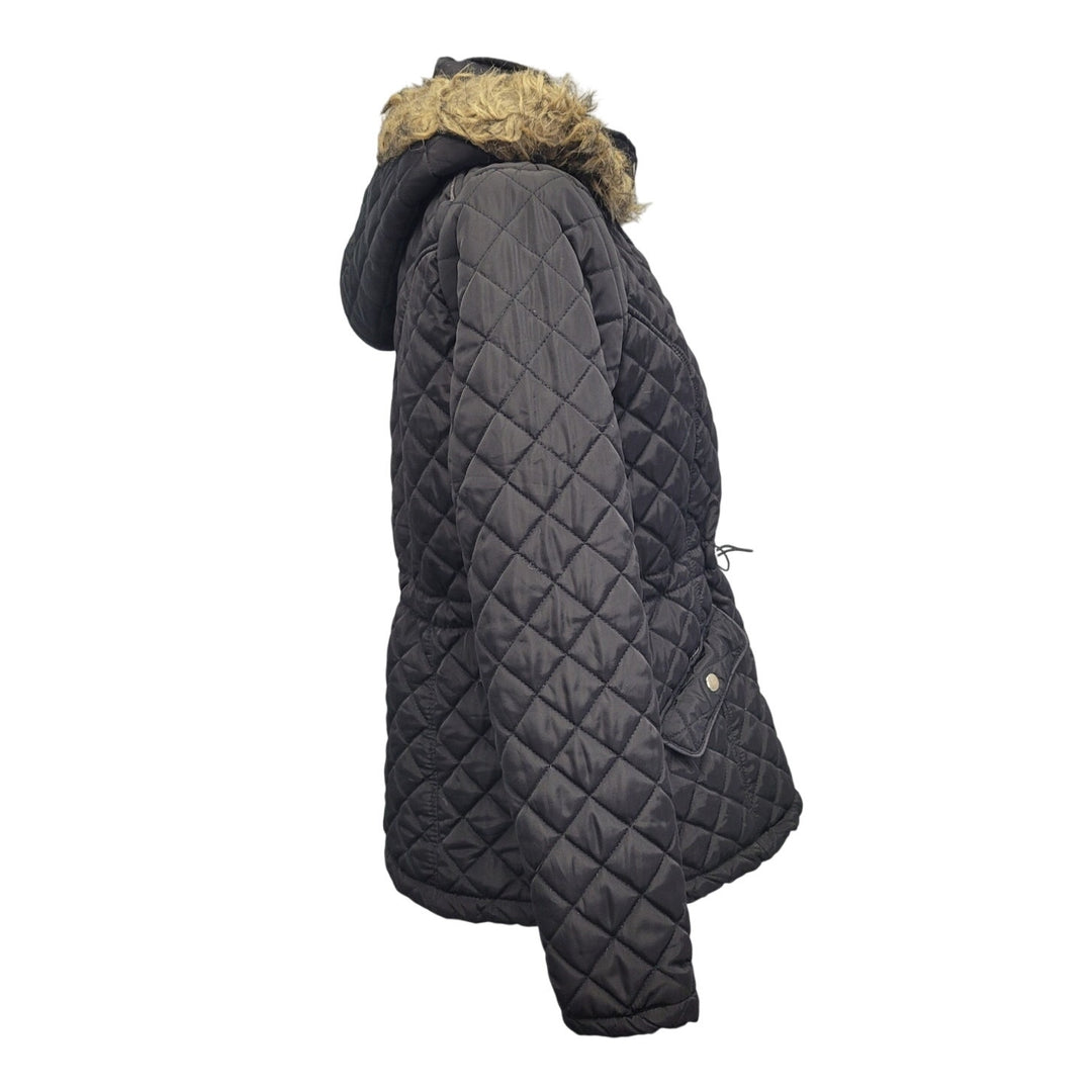 Jason Maxwell Womens Medium Black Quilted Faux Fur Hood Hooded Snap Up Coat