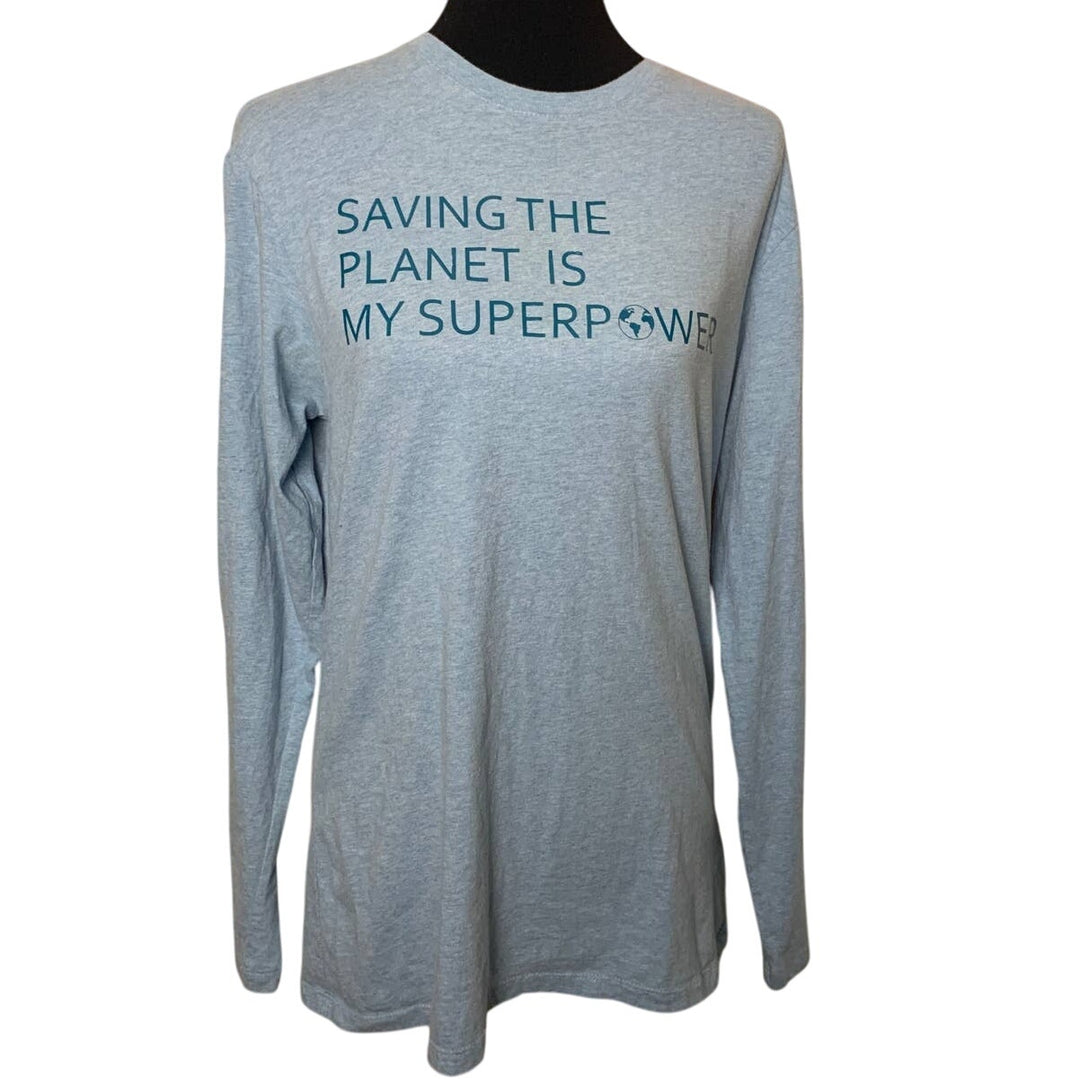 Hand Printed Upcycled Mens Medium Saving the Planet is My Superpower Cotton Tee