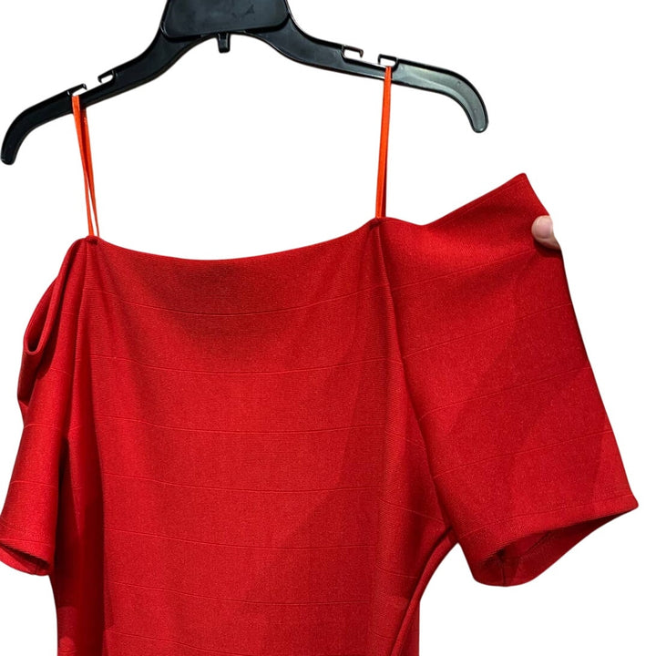 New Love J Plus 2X Off Shoulder Short Sleeve Body Con Midi Solid Red Dress