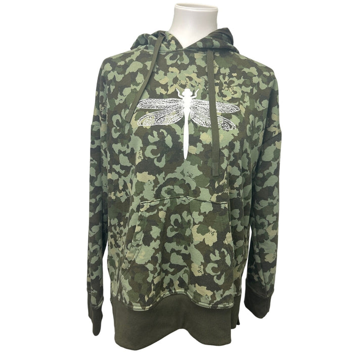 Upcycled Hand Printed Mens Medium Dragonfly Camo Camouflage Sweatshirt Hoodie