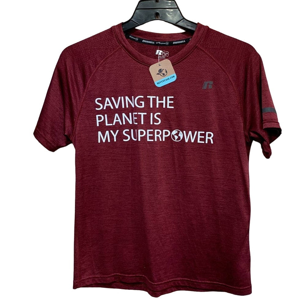 Hand Printed Upcycled Child XXL Saving the Planet is My Superpower Athletic Tee