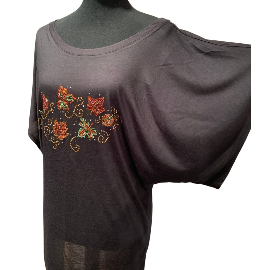 New Alley Design Group Rhinestone Autumn Leaves Black Batwing Dolman Blouse Top