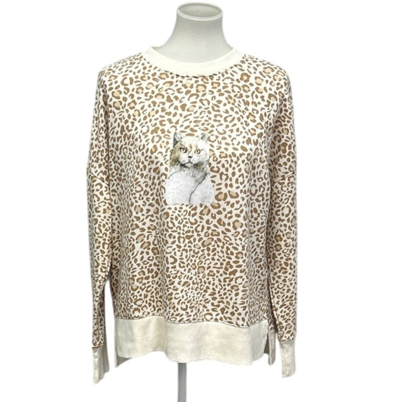 Hand Printed Upcycled Womens Large Leopard Spot Cat Long Sleeve Sweatshirt