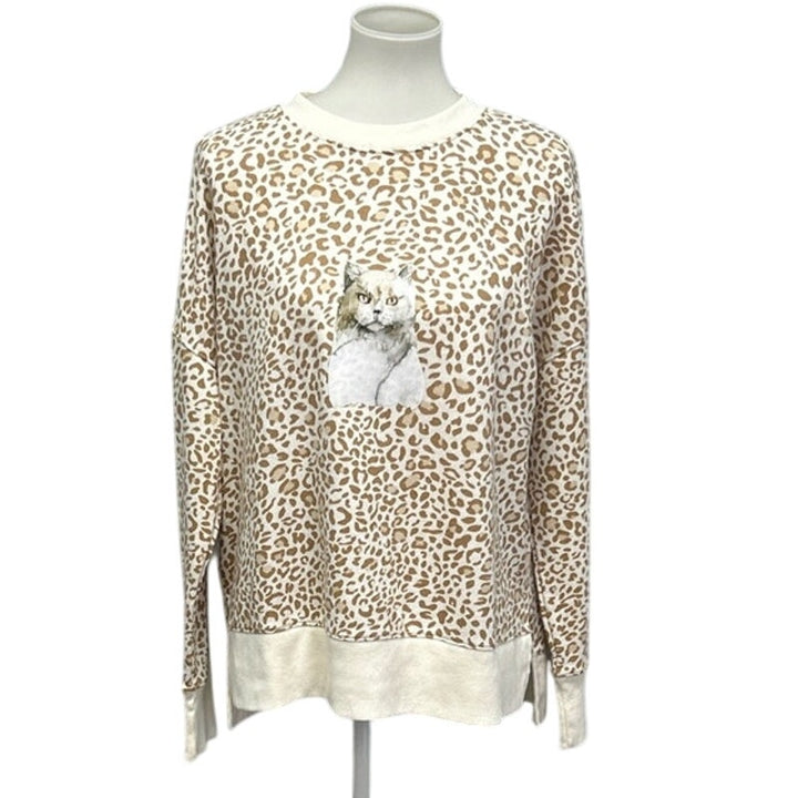 Hand Printed Upcycled Womens Large Leopard Spot Cat Long Sleeve Sweatshirt