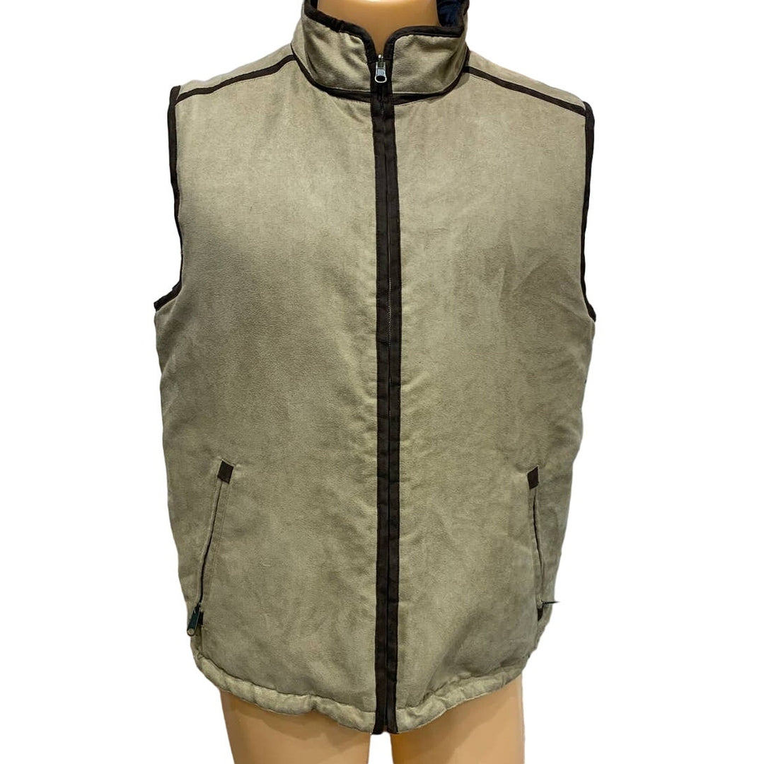 Travelsmith Mens Medium Reversible Tan Faux Suede Black Quilted Full ZIp Vest