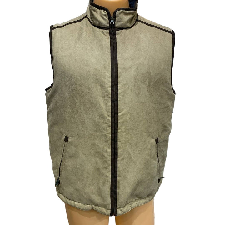 Travelsmith Mens Medium Reversible Tan Faux Suede Black Quilted Full ZIp Vest