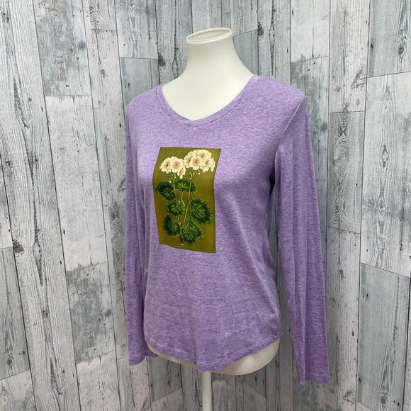 Hand Printed Upcycled Womens Medium Vintage Book Page Flower Long Sleeve Tee