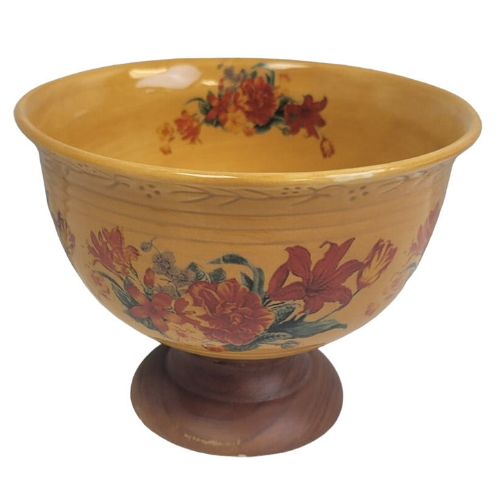 Vintage Orange Lily Marigold Flowers Painted Ceramic Wooden Footed Bowl