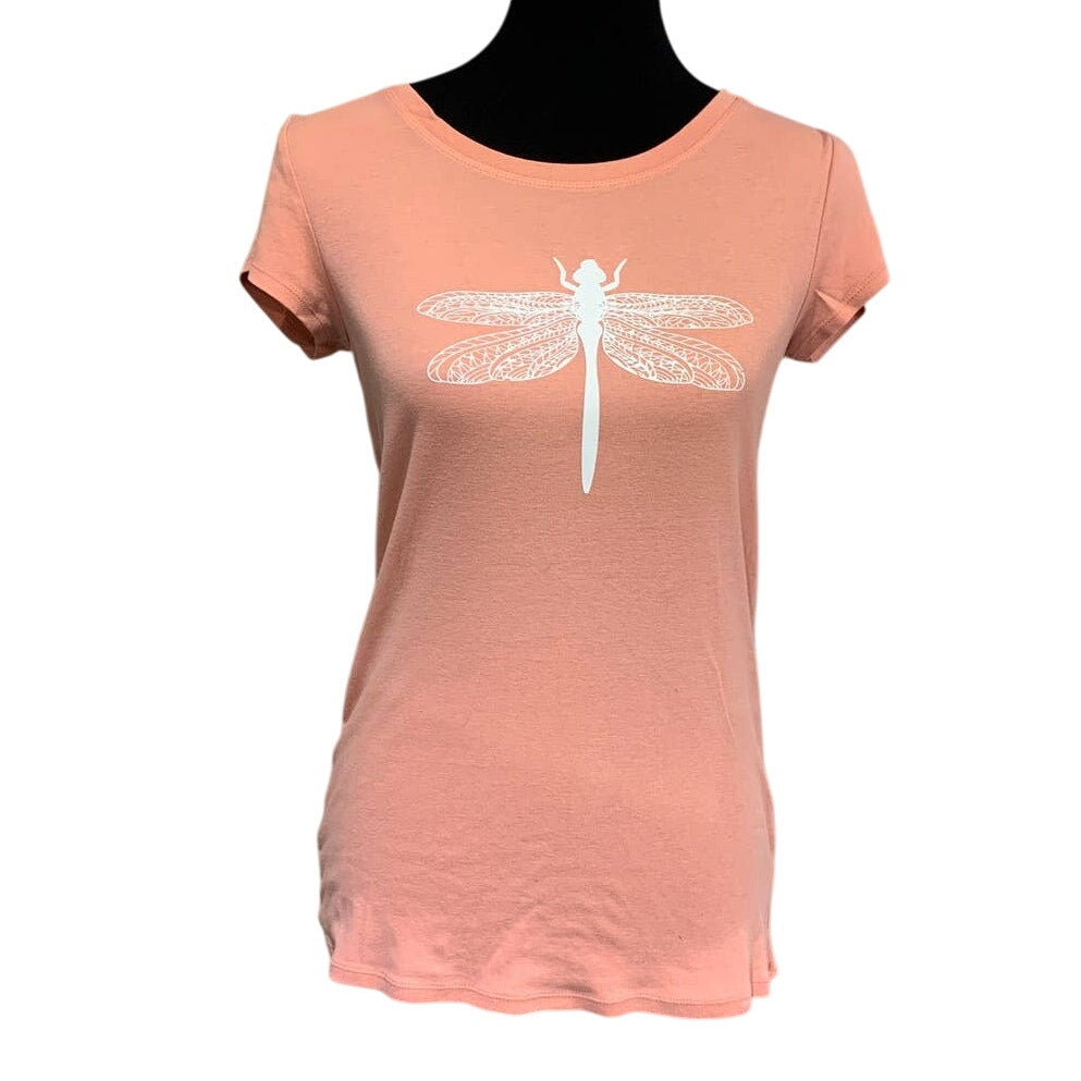 Hand Printed Upcycled Womens Medium Dragonfly Short Sleeve Cotton Crew Neck Tee
