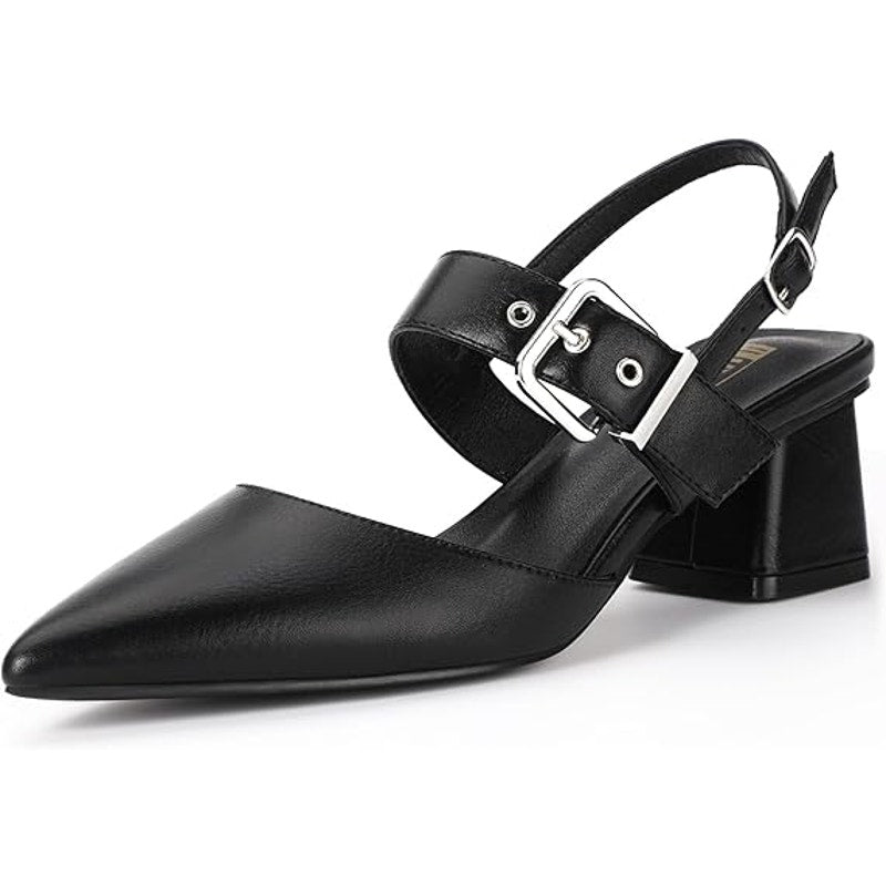 New Idifu Women 9 Black Faux Leather 2.75" Block Heel Pointy Toe Buckle Shoes