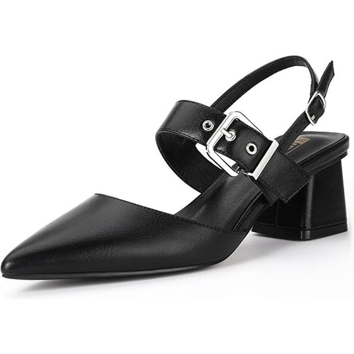 New Idifu Women 9 Black Faux Leather 2.75" Block Heel Pointy Toe Buckle Shoes