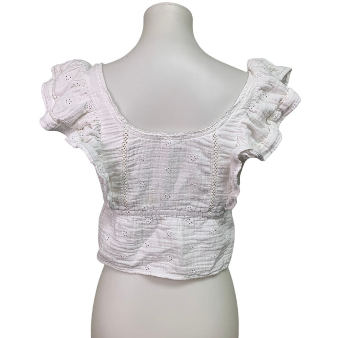 New Aerie Womens Small White Ruffle Sleeve Lace Floral Cottage Front Button Top