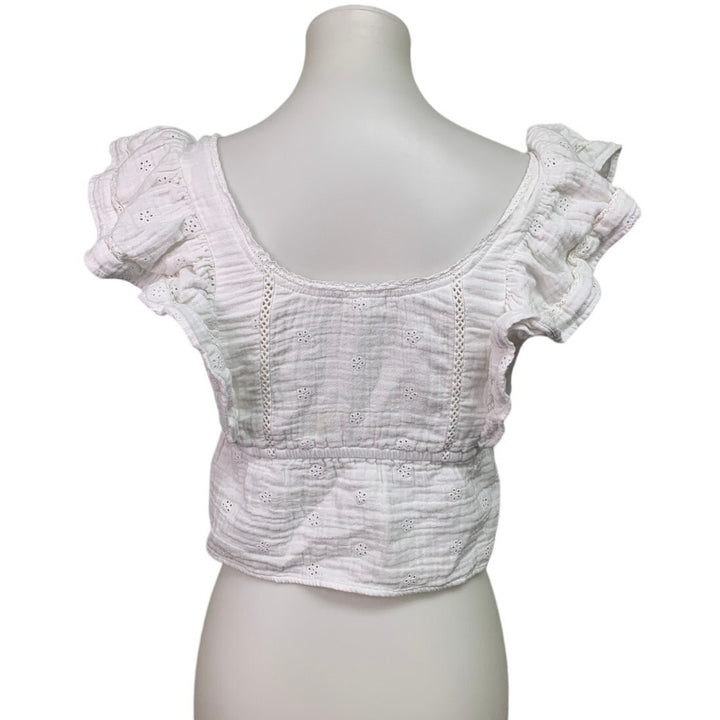 New Aerie Womens Small White Ruffle Sleeve Lace Floral Cottage Front Button Top