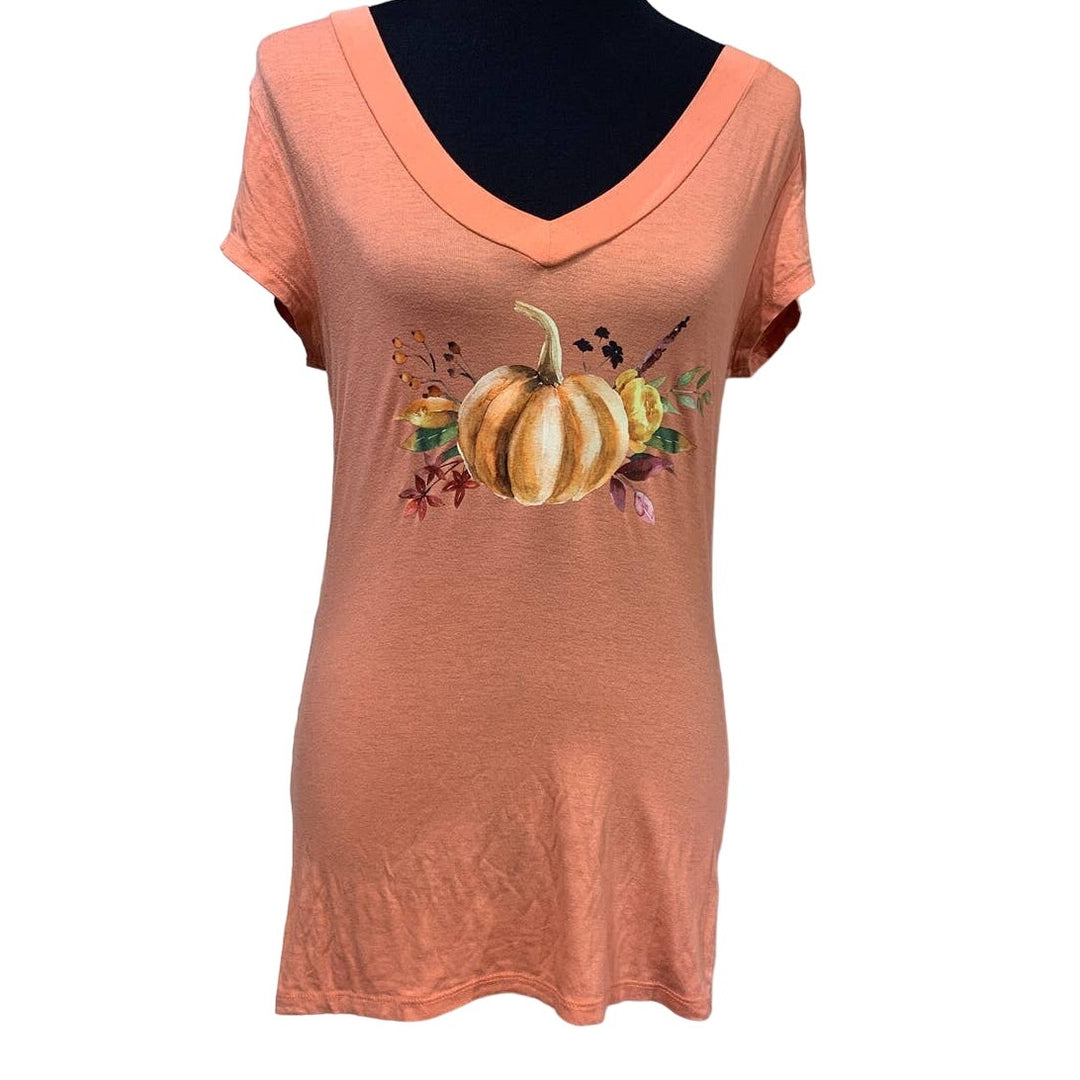 Hand Printed Medium Upcycled Pumpkin Autumn Fall Flower Orange Short Sleeve Tee