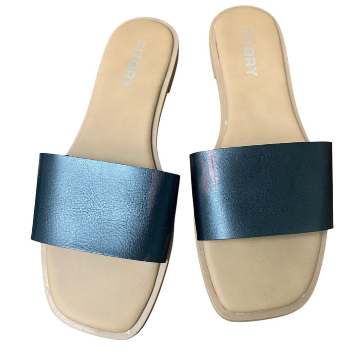 Fitory Womens Size 9 Black Faux Leather Wide Strap Slide On Flat Sandals Shoes