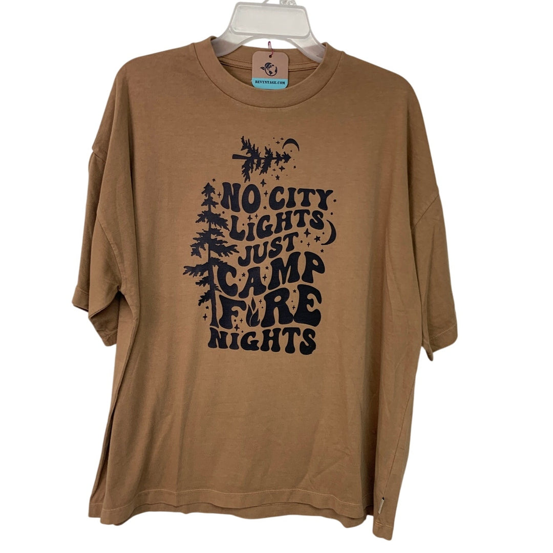 New Upcycled Hand Printed Womens Medium No City Lights Just Camp Fire Nights Tee