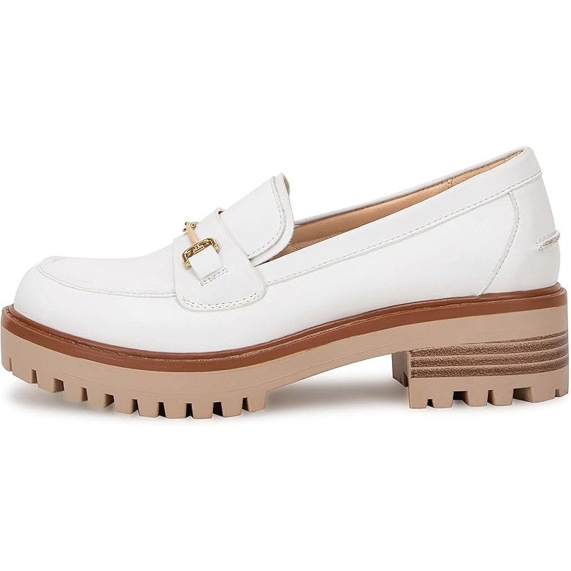 Vetaste Womens Size 8 White Faux Leather Platform Chunky Heel Loafers Shoes