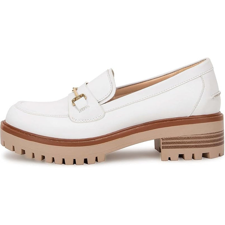 Vetaste Womens Size 8 White Faux Leather Platform Chunky Heel Loafers Shoes