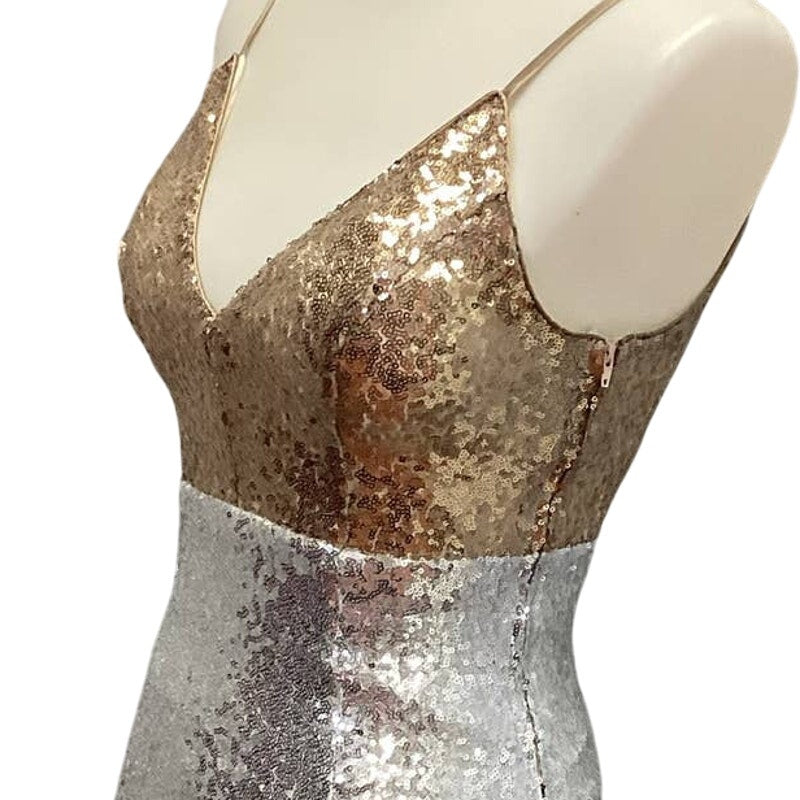 New Speechless Juniors Size 1 Gold Silver Sleeveless Deep V Body Con Midi Dress