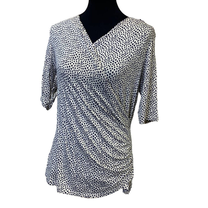 Pure Collection Size 12 Polka Dot 3/4 Sleeve Faux Wrap Lightweight Top Blouse