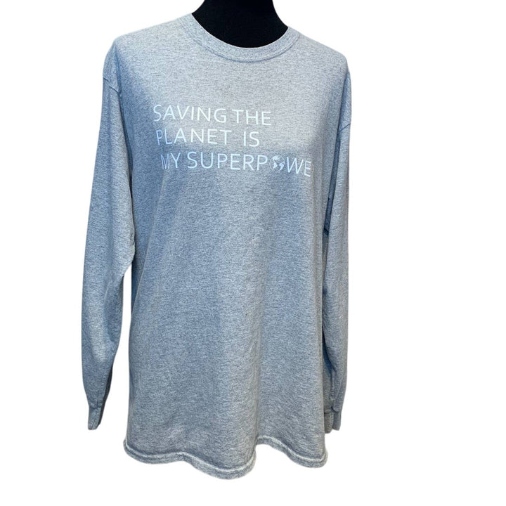 Hand Printed Upcycled Womens XL Saving the Planet Superpower Long Sleeve T-Shirt