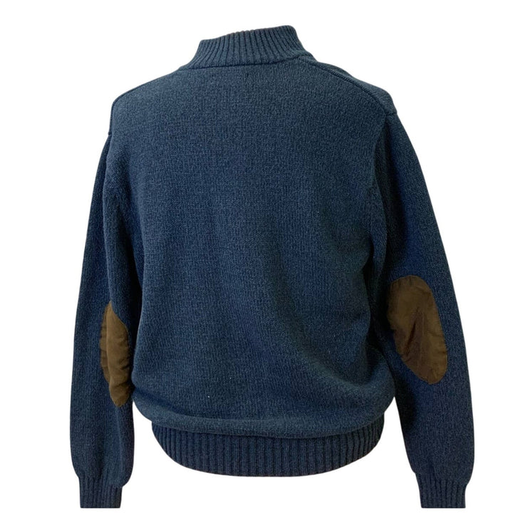 Chaps XL 1/4 Button Navy Blue 100% Cotton Knit Sweater w Leather Elbow Patches