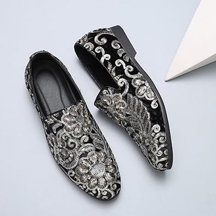 Venshine Mens Size 9.5 Black Velvet Silver Sequin Slide On Formal Loafer Shoes