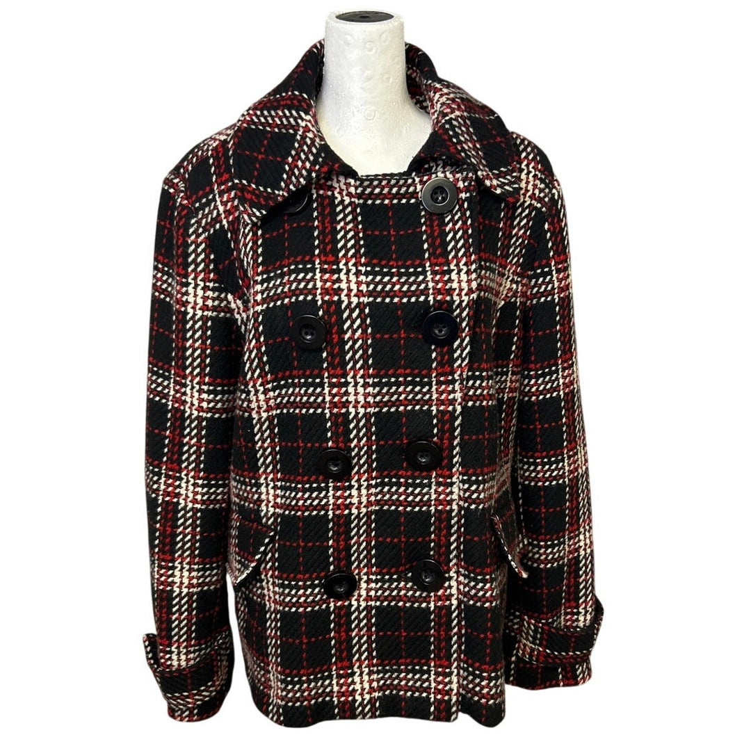 Charter Club Womens Size 14 Plaid Wool Blend Long Sleeve Collared Button Up Coat