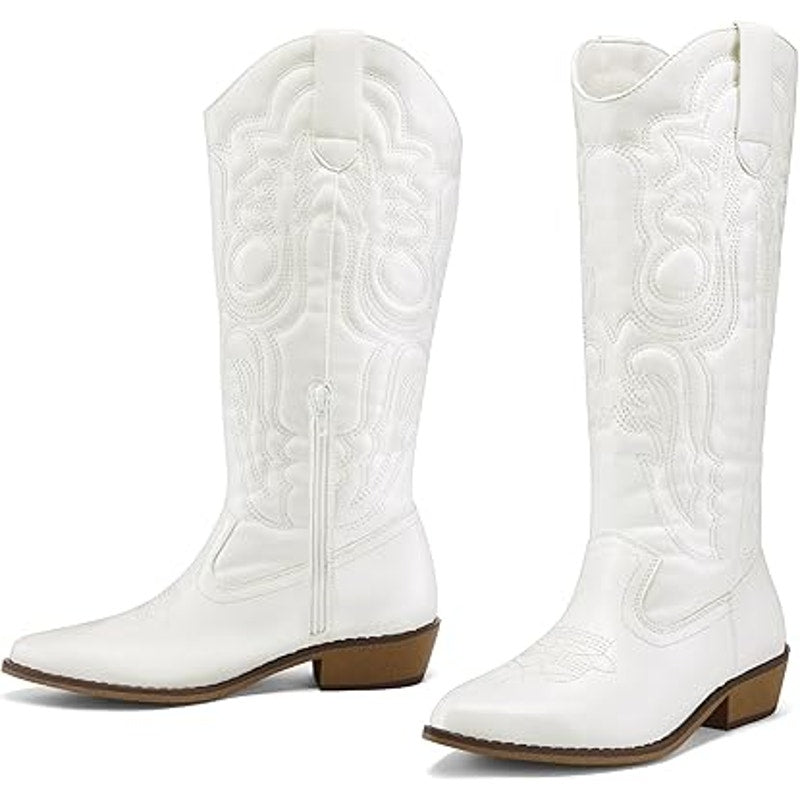 MySoft Womens Size 6.5 White Faux Leather 1.5" Chunky Heel Mid Calf Cowboy Boots