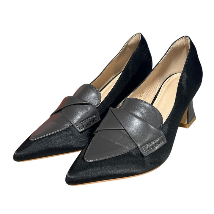 Coutgo Womens 8.5 Black Satin Gray 3" Chunky Block Low Heel Retro Loafer Shoes