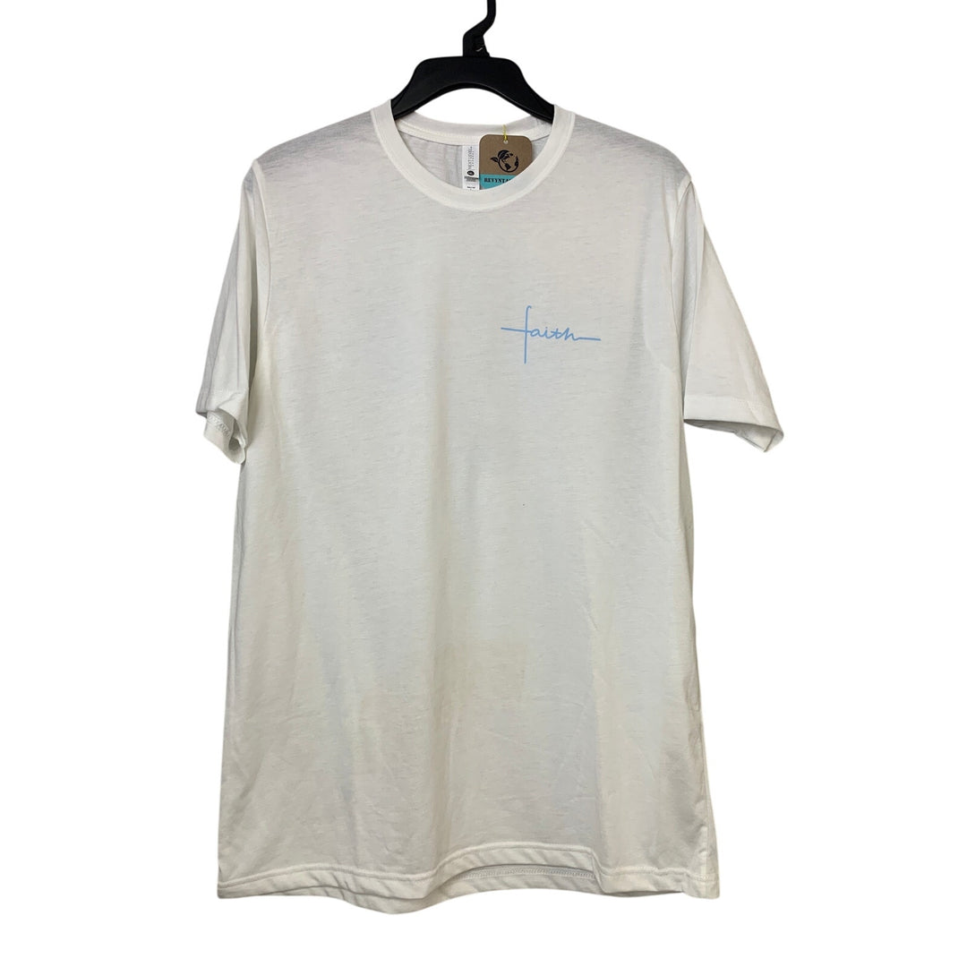 New Hand Printed Womens Large He Is Risen Faith Cross Short Sleeve Tee Shirt