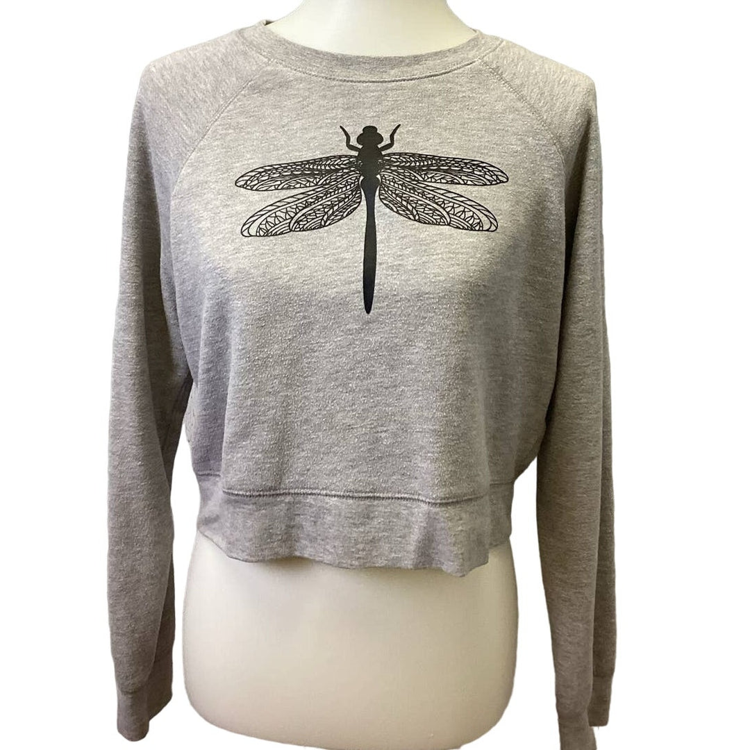 Hand Printed Upcycled Womens Large Dragonfly Cropped Long Sleeve Sweatshirt Top