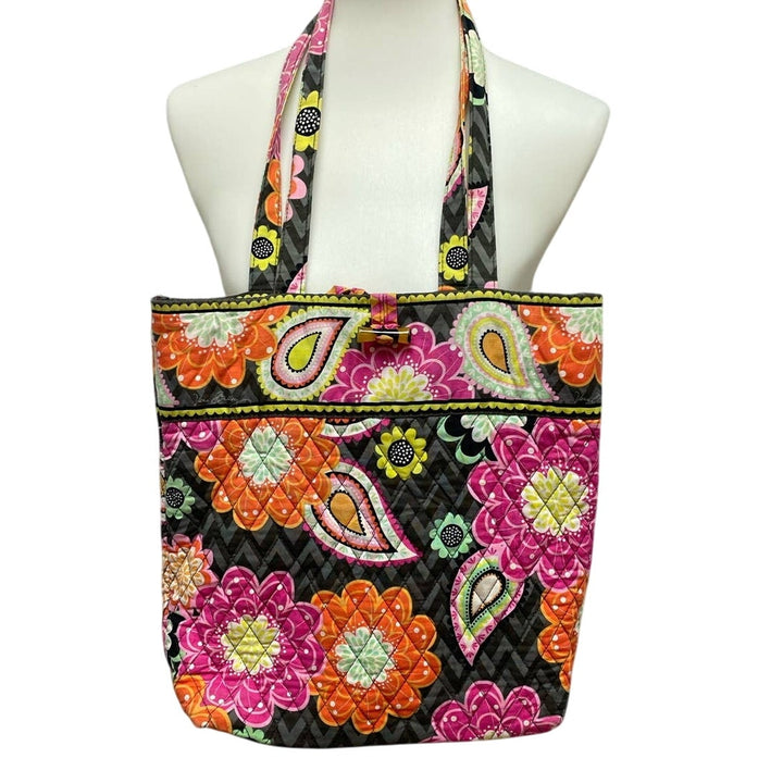 Vera Bradley Gray Pink Yellow Floral Quilted Fabric Handbag Purse Inside Pockets