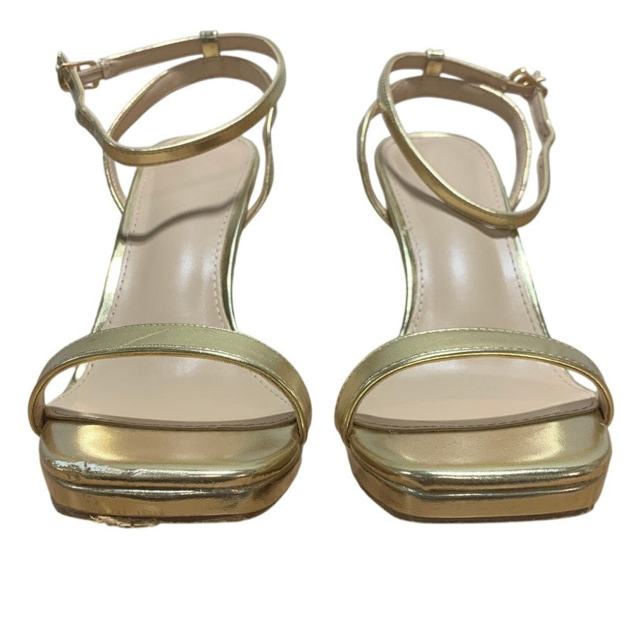 Elisabet Tang Womens Size 7.5 Gold 4" Heels Open Square Toe Ankle Strap Shoes