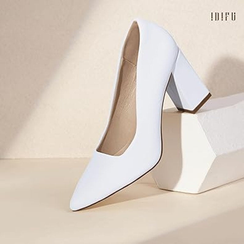 Idifu Womens Size 7.5 White Pointy Toe 3.5" Block Heel Slide On Pumps Shoes