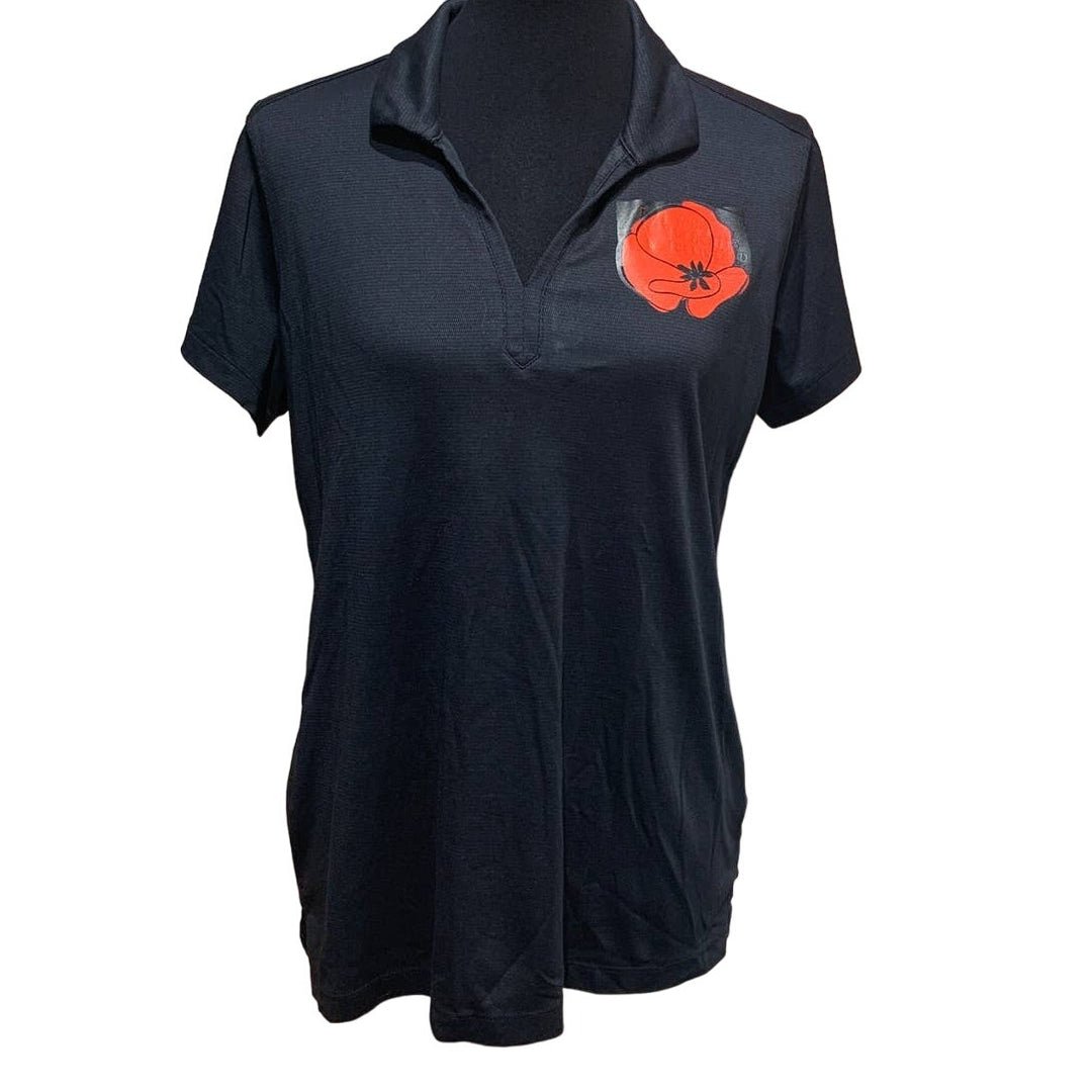 Upcycled Hand Printed Large Red Poppy Flower Short Sleeve PolyCotton Polo Shirt