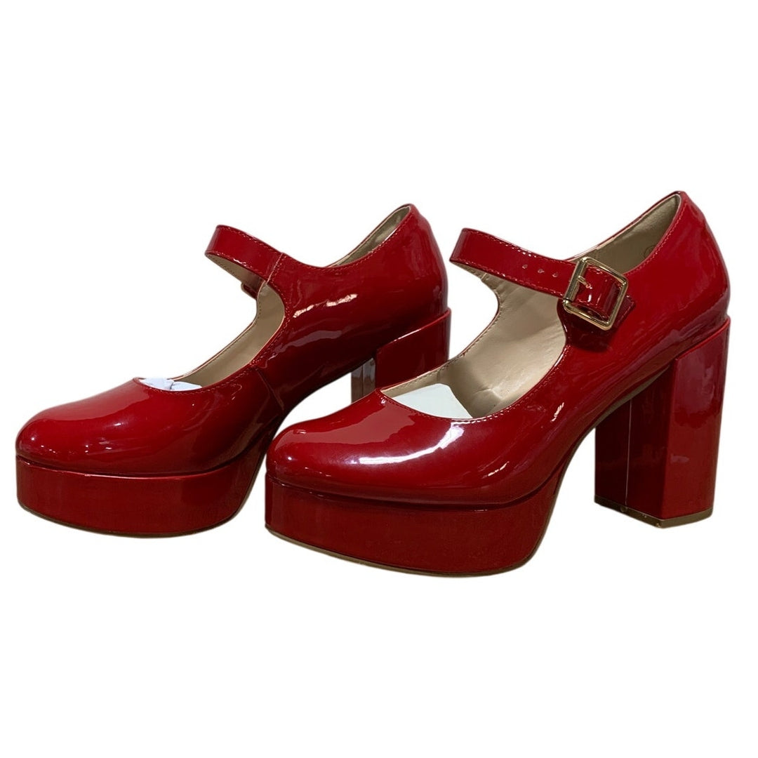 Coutgo Womens Size 9 Red 4" Heels Mary Jane Round Closed Toe Buckle Strap Shoes