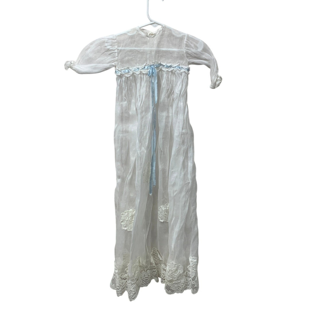 Vintage Handmade Baby Christening Baptism Lace Gown Blue Bow w Overlay Jacket