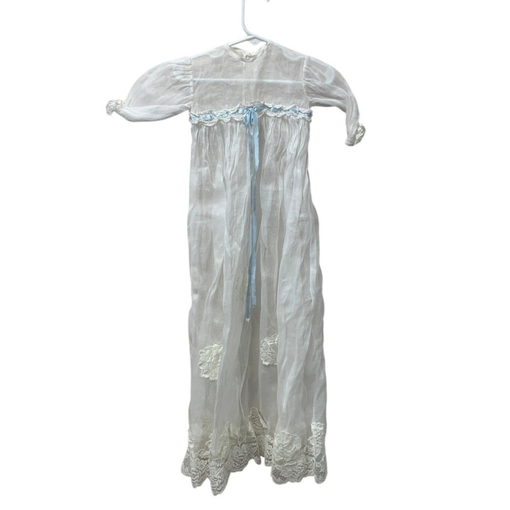Vintage Handmade Baby Christening Baptism Lace Gown Blue Bow w Overlay Jacket
