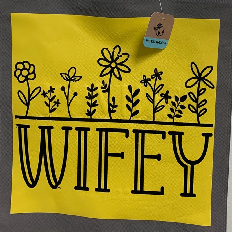 New Upcycled Hand Printed Wifey w Flowers Yellow Black Shopper Tote Bag