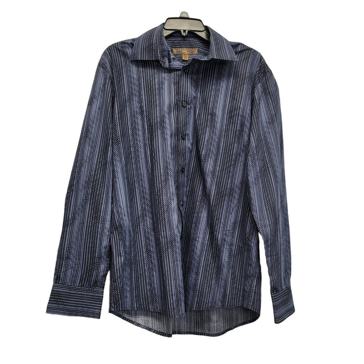 Blue Mens Large 100% Cotton Dots And Stripes Long Sleeve Button Up Shirt