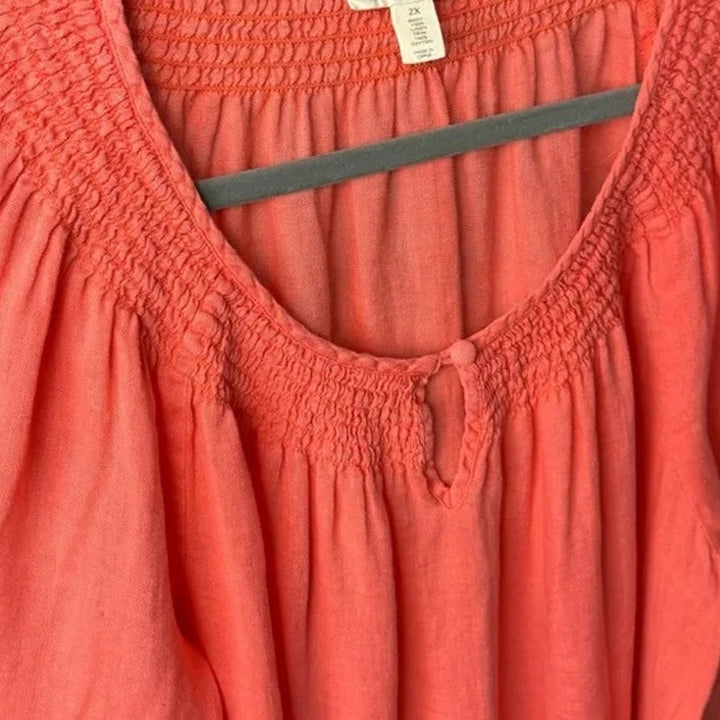 Charter Club Womens 2X Pink Linen Long Sleeve Crew Neck Floral Lace Trim Top