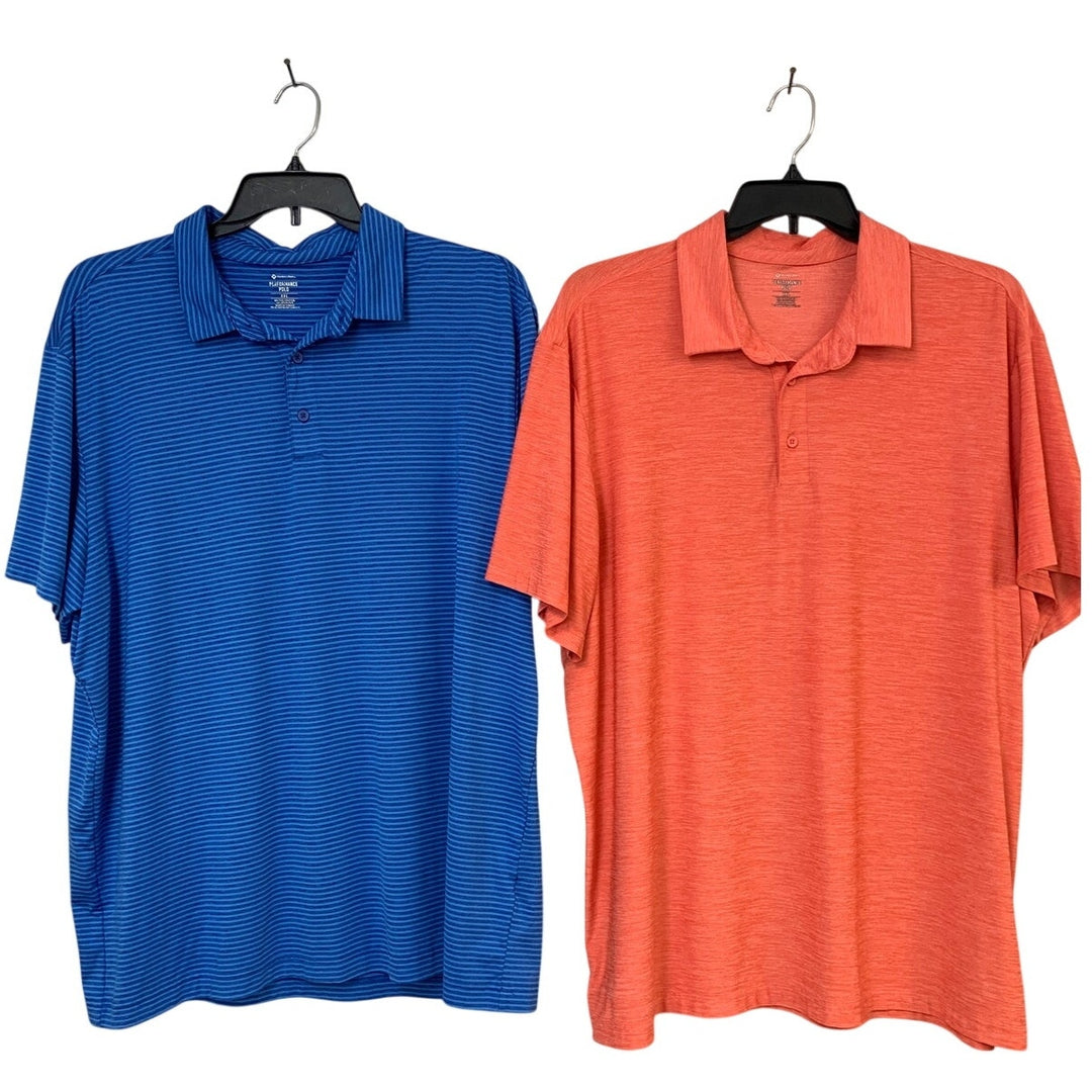 Lot of 2 Performance Polo Blue Orange XXL Striped Heathered Short Sleeve Shirts