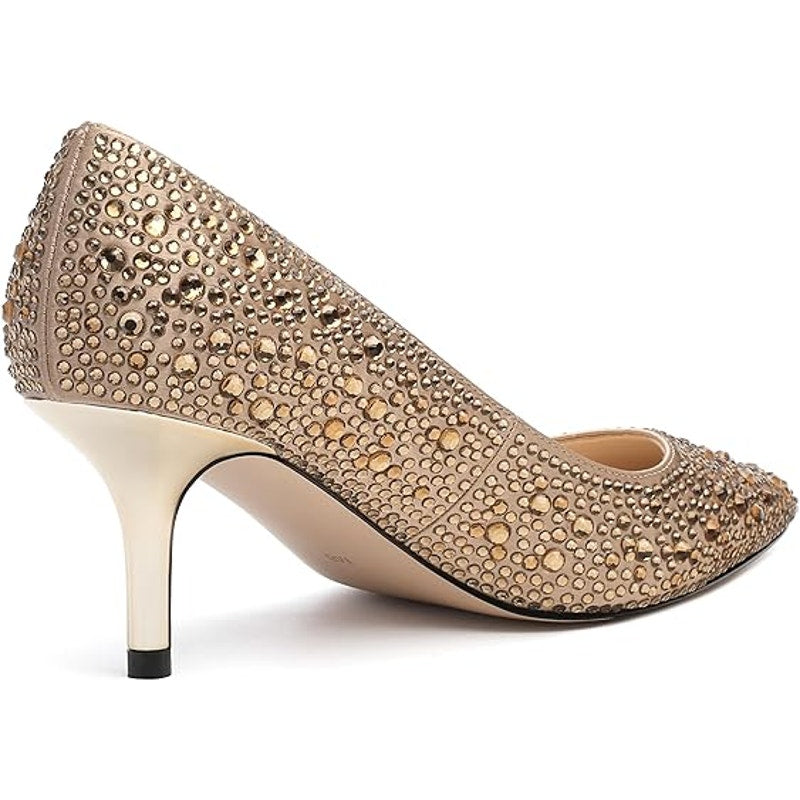 Justvindo Womens Size 8.5 Gold Satin Rhinestone 2.5" Heel Closed Point Toe Shoes